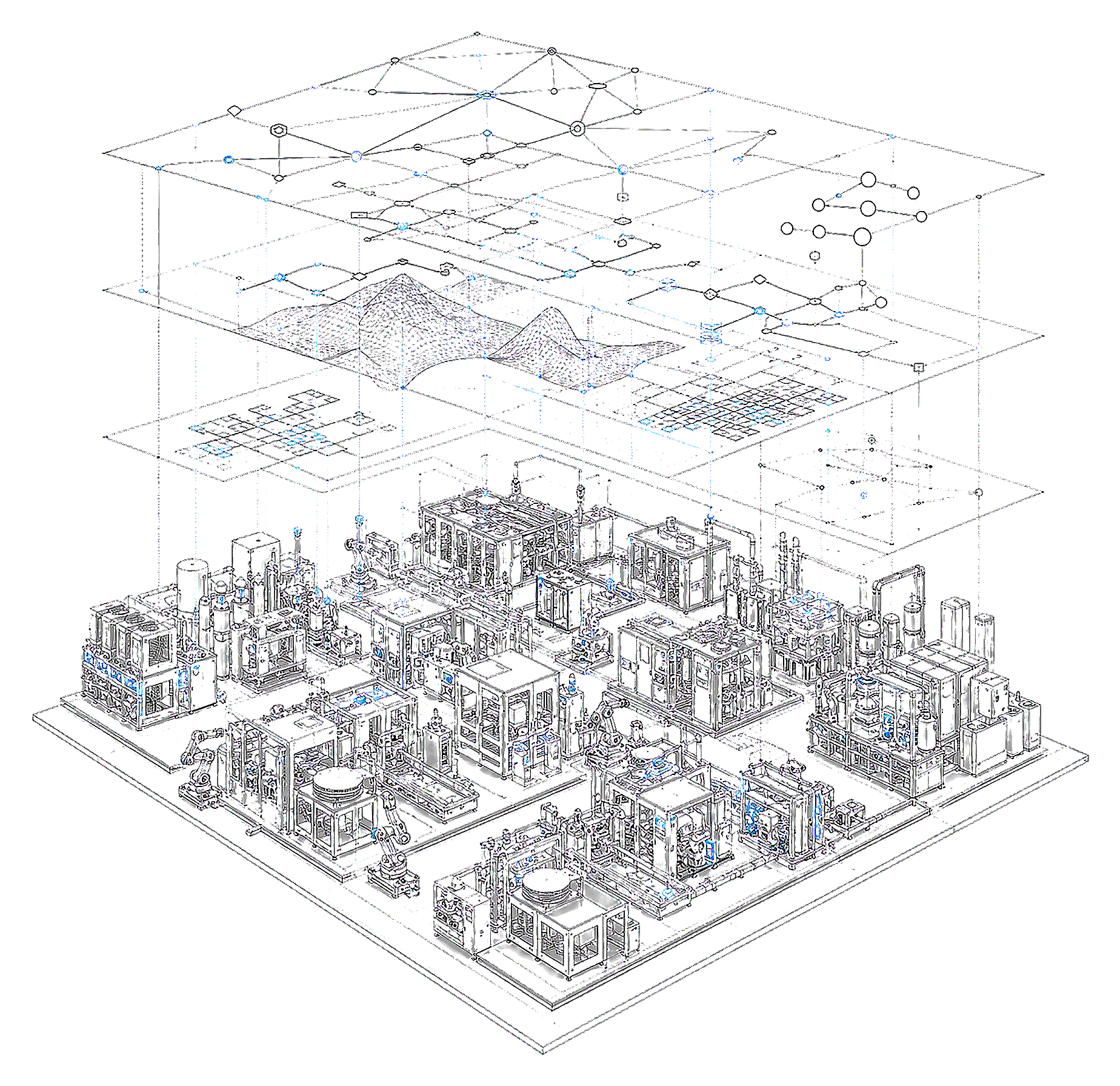 Isometric semiconductor factory with an intelligence network emerging above physical tools and process lines